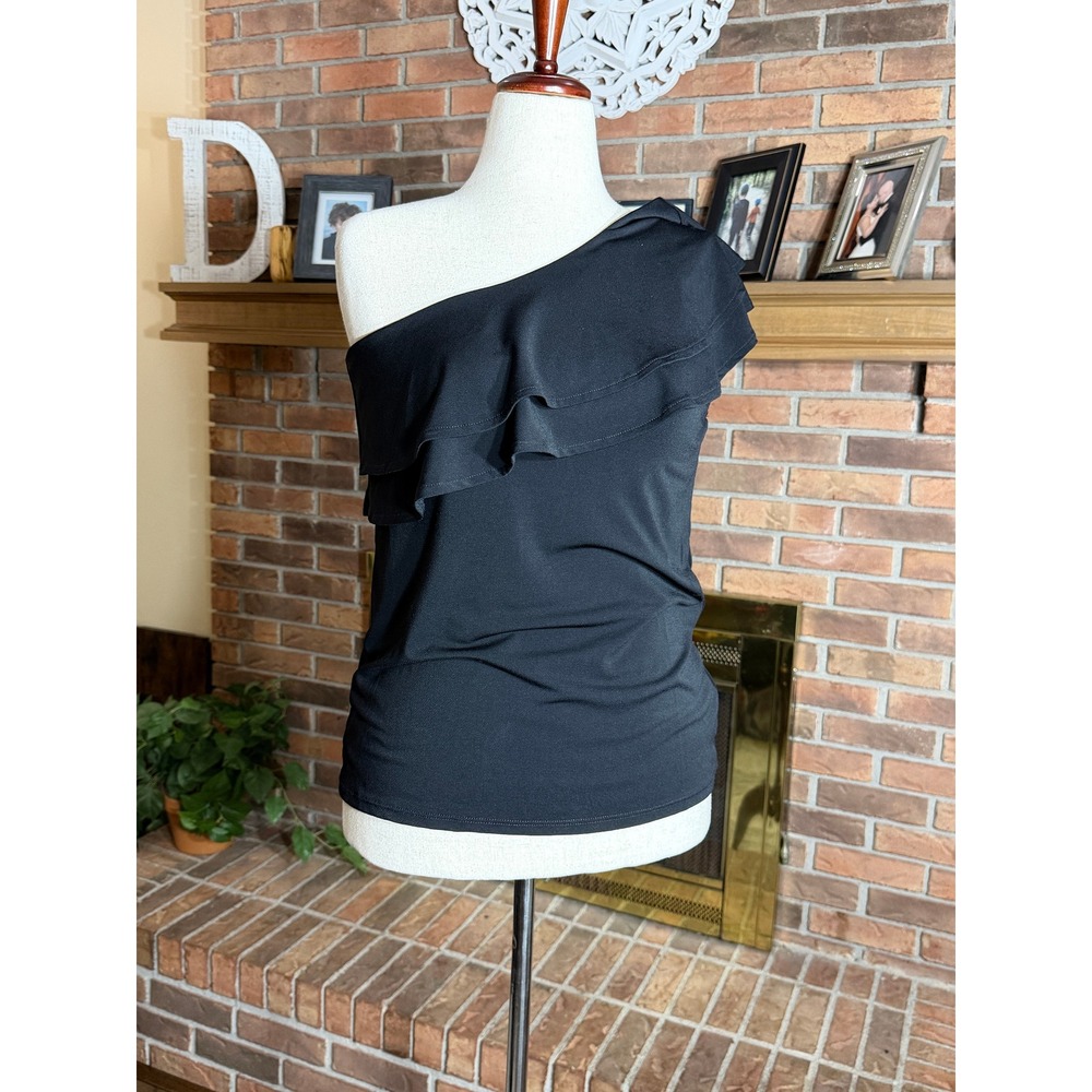 H&M One Shoulder Top Women Black Ruffle Tiered Asymmetric Medium